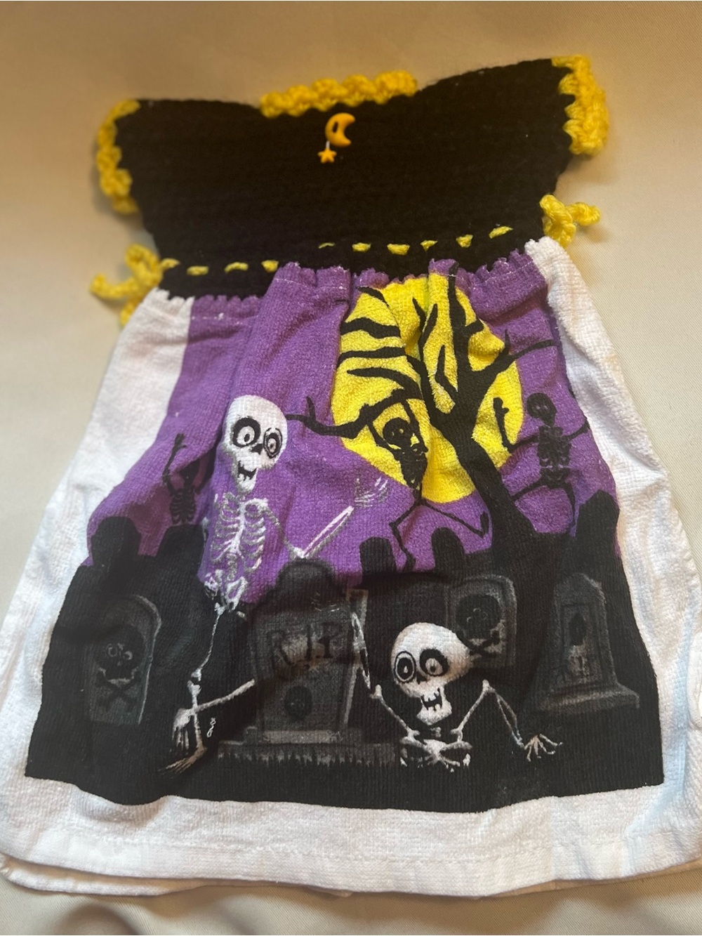 Handmade Crochet Too Halloween Skeleton Grave Dress Hanging Kitchen Towel Spooky